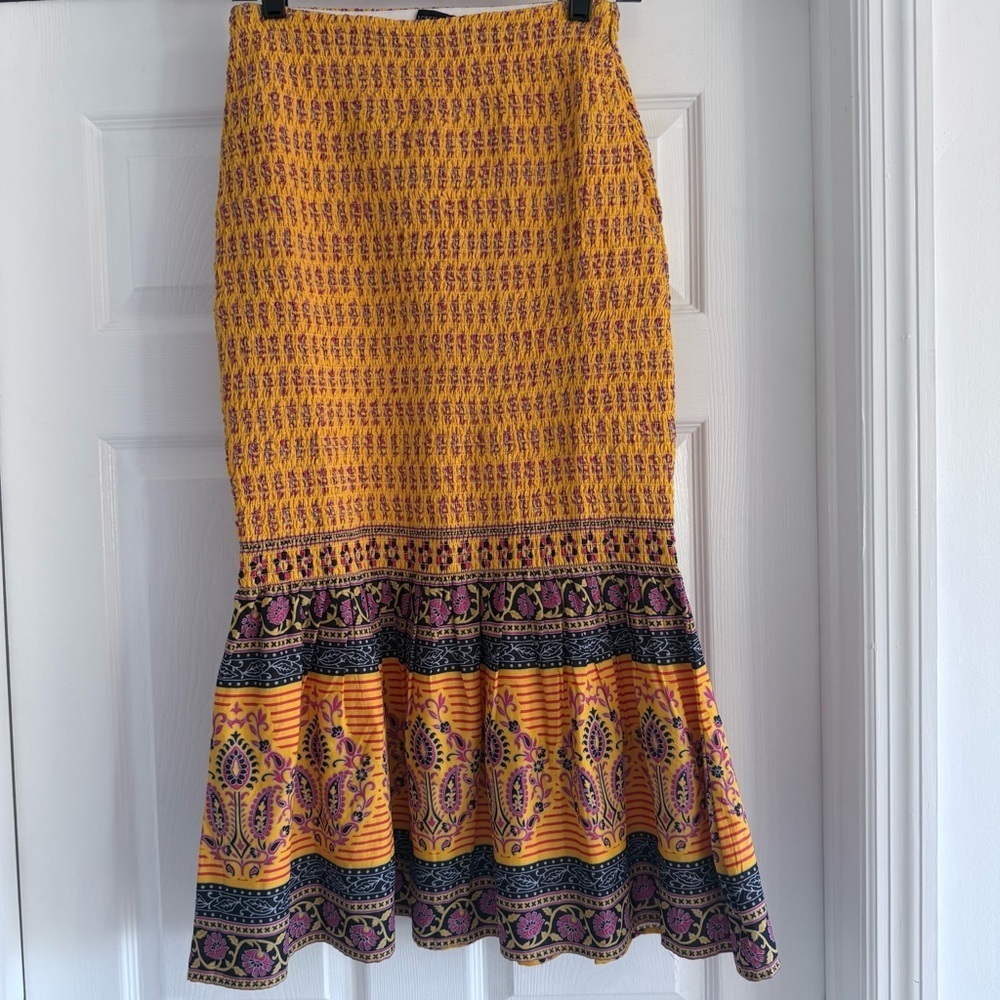 J.CREW Smocked Sunny Yellow Block Print Bodycon Midi Skirt S - Picture 4 of 7